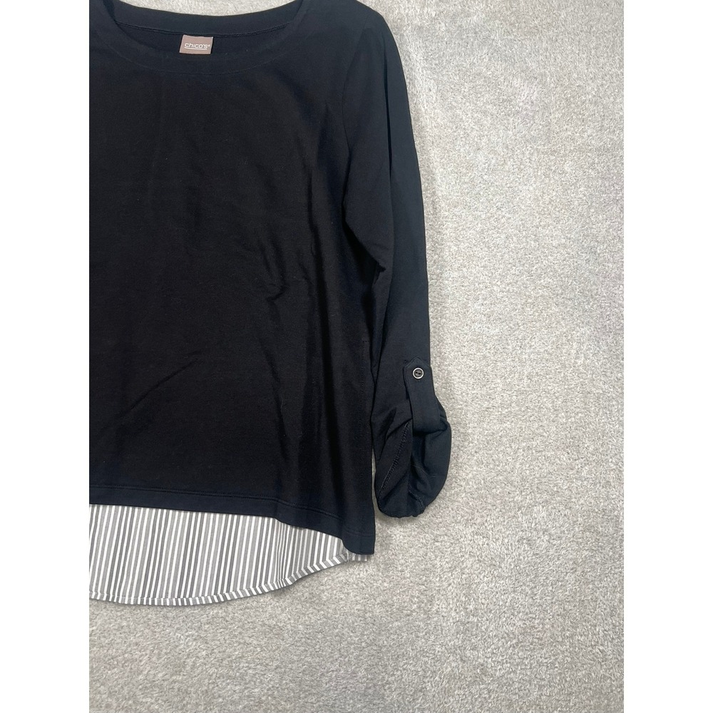 Chico's Black Layered Look Pullover Top Striped Trim Roll Tab Sleeve Size Medium - Picture 3 of 9